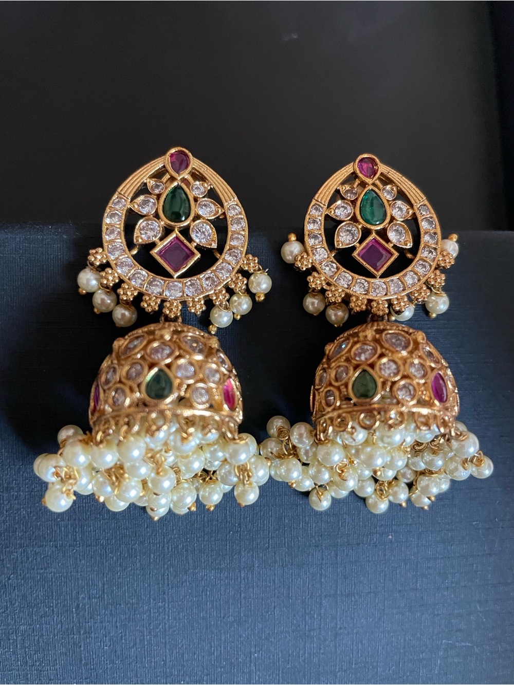 Traditional Gold-Tone Jhumka Earrings with Green and Pink Stones - Women Jewelry